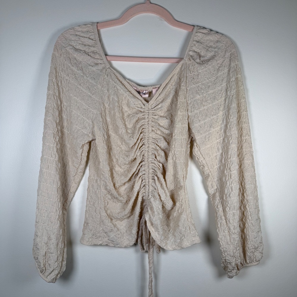 Willow + Root Cream Popcorn Textured Cinched Front Long Sleeve Top XS